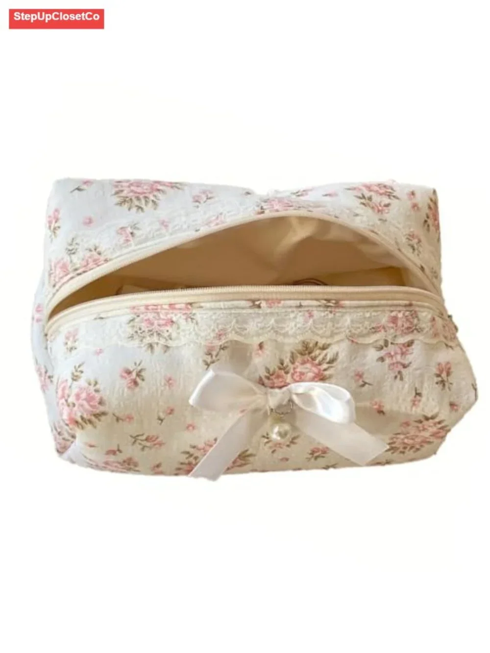 Quilted Floral Makeup Bag with Bow - Coquette Toiletry Pouch